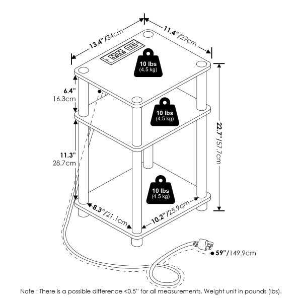 Furinno Furinno Just 3-Tier Turn-N-Tube USB And Type-C Charging Port End Table With Open Storage