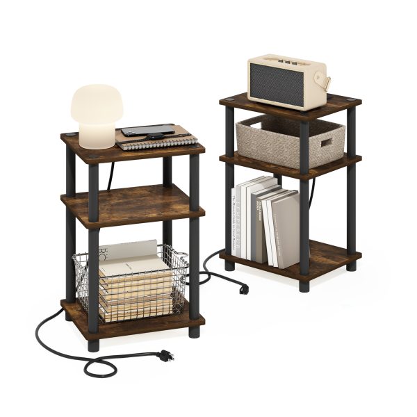 Furinno Furinno Just 3-Tier Turn-N-Tube USB And Type-C Charging Port End Table With Open Storage Set Of 2