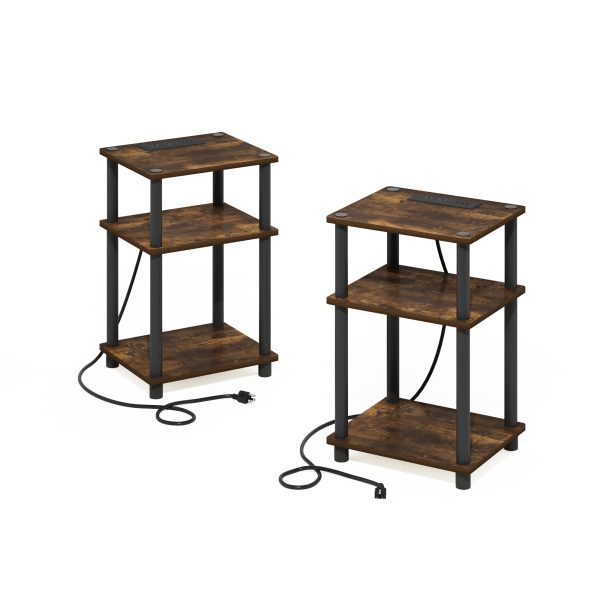 furinno Furinno Just 3-Tier Turn-N-Tube USB and Type-C Charging Port End Table with Open Storage Set of 2