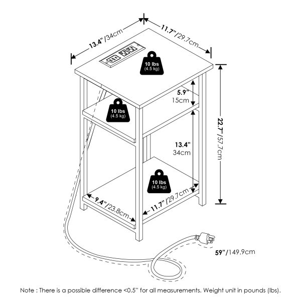 Furinno Furinno Moretti 3-Tier USB And Type-C Charging Port Open Storage Side Table With Metal Frame