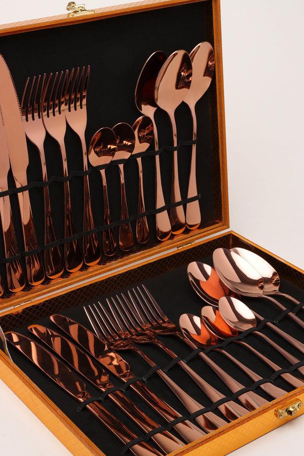 G Decor 24 Piece Vermont Rose Gold Metal Stainless Steel Flatware Cutlery Set Gift Box