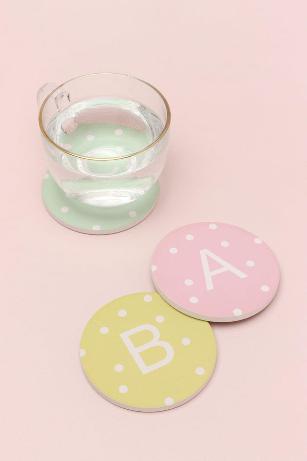 g decor Alphabet Personalized Initials Ceramic White Polka Dot Anti Slip Cork Base Mug Cup Coaster Pink