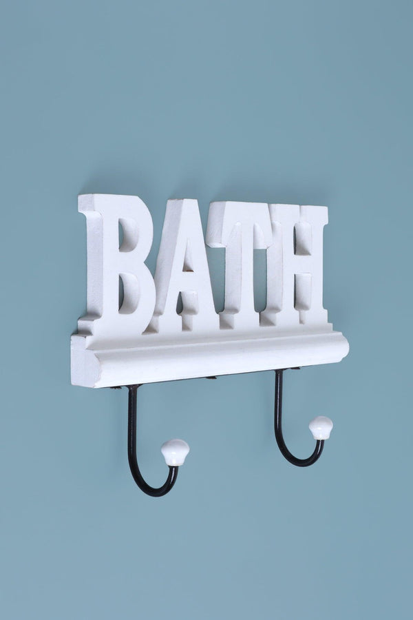 G Decor Bath Wall Hook Rack Large White Wooden Sign With 2 Iron Towel Hooks White