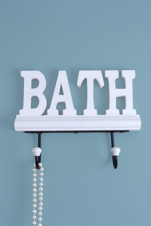G Decor Bath Wall Hook Rack Large White Wooden Sign With 2 Iron Towel Hooks White
