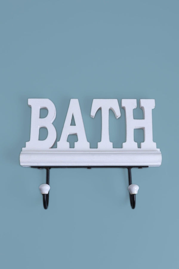 G Decor Bath Wall Hook Rack Large White Wooden Sign With 2 Iron Towel Hooks White