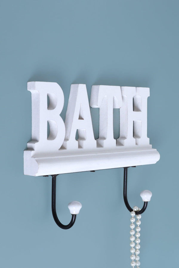 g decor Bath Wall Hook Rack Large White Wooden Sign with 2 Iron Towel Hooks White