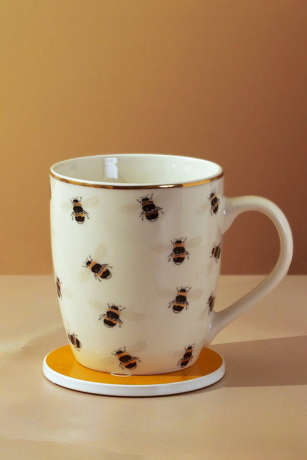 G Decor Bee Happy Mug & Coaster Gift Set Gold Large Cute Ceramic Cup With Matching Coaster White