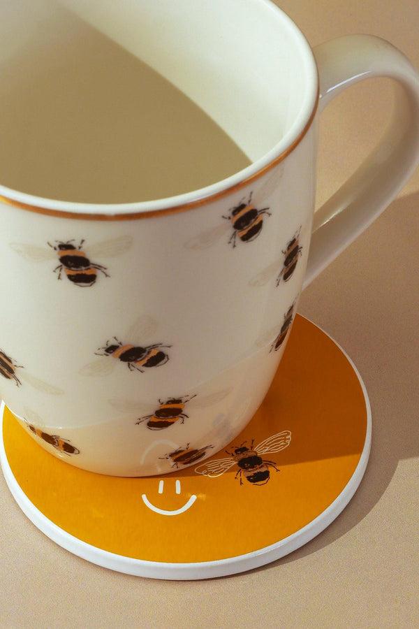 G Decor Bee Happy Mug & Coaster Gift Set Gold Large Cute Ceramic Cup With Matching Coaster White