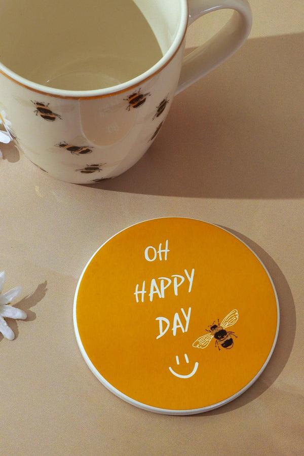 G Decor Bee Happy Mug & Coaster Gift Set Gold Large Cute Ceramic Cup With Matching Coaster White