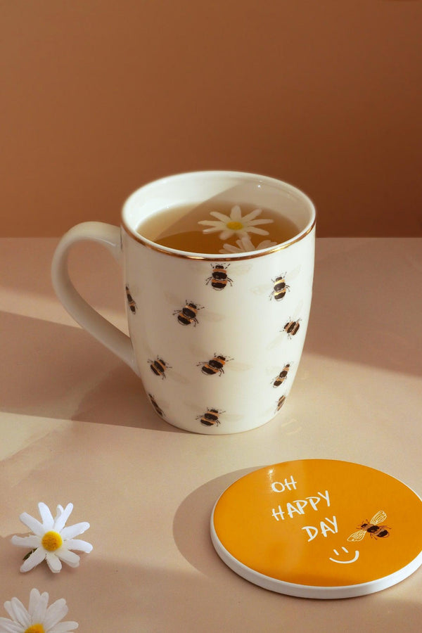 g decor Bee Happy Mug & Coaster Gift Set Gold Large Cute Ceramic Cup with Matching Coaster White