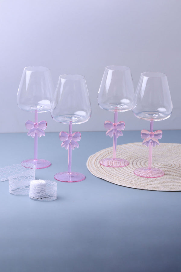 g decor Blush Bow Handmade Set of Four Pink Wine Glasses – Delicate Bow Design Stemware Set of 4