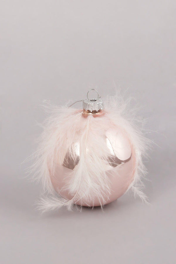 G Decor Blush Pink Glass Christmas Tree Bauble With Soft Feather Trim Glamorous Hanging Ornament Pink Feather