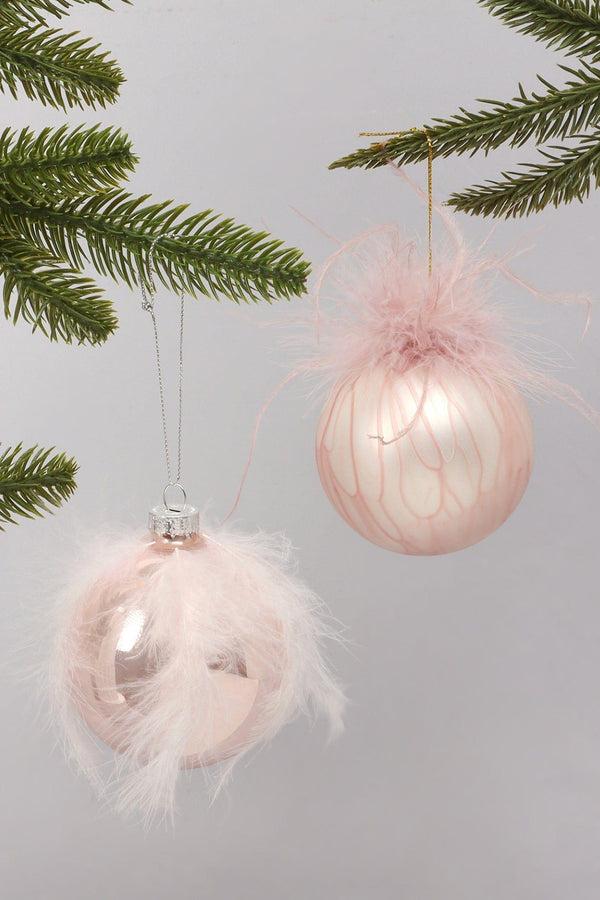 g decor Blush Pink Glass Christmas Tree Bauble with Soft Feather Trim Glamorous Hanging Ornament Pink Feather