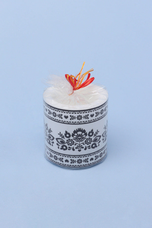 G Decor Bohemian White And Black Print Floral Pillar Candle