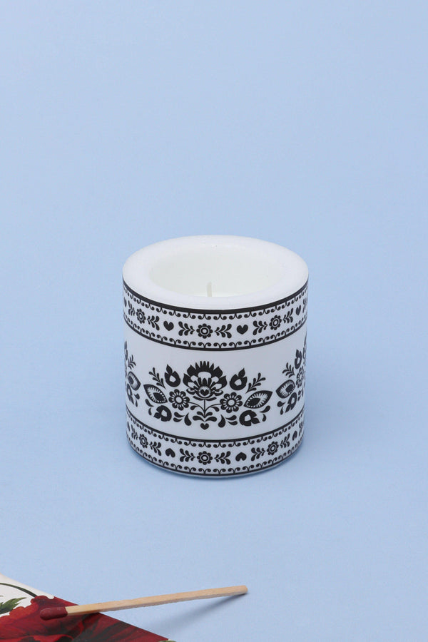 g decor Bohemian White and Black Print Floral Pillar Candle