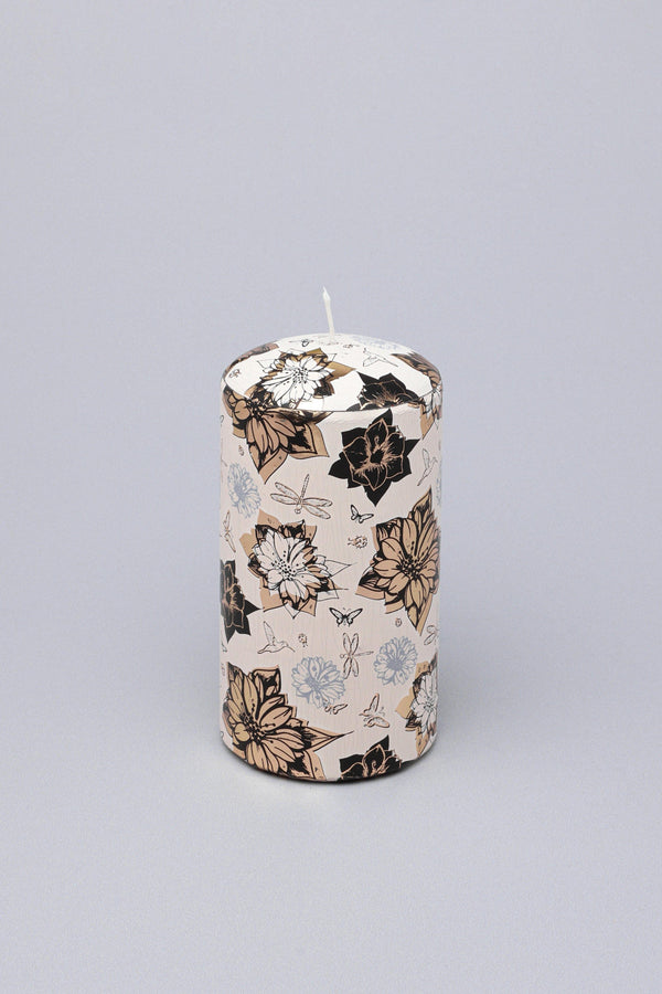 g decor Bouquet Royale Beige Autumn Garden Pillar Candle with Aged Brass Hues by D’Oro Gold