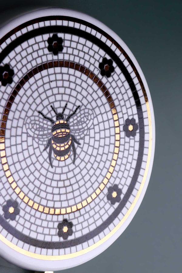 G Decor British Bee Tile Wall Hook Black White & Gold Mosaic Design With Brass Finish