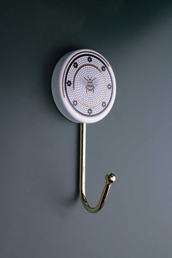 g decor British Bee Tile Wall Hook Black White & Gold Mosaic Design with Brass Finish