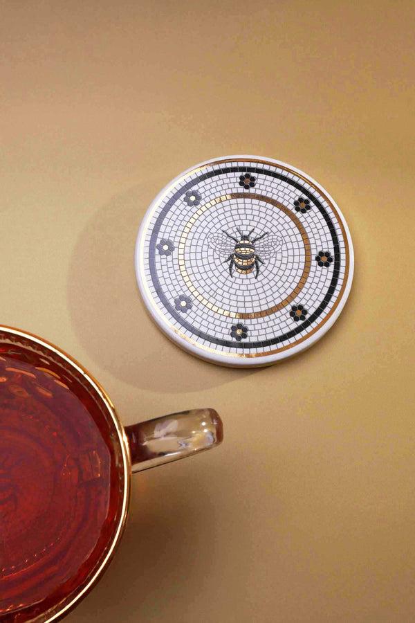 g decor British Pub Bee Handcrafted Mosaic Coaster Black White & Gold Tile Art White