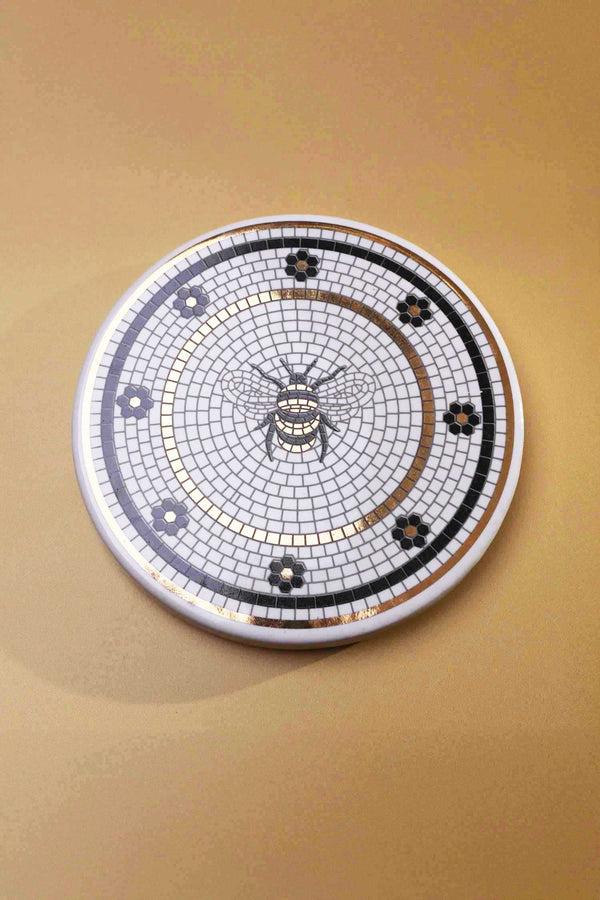 G Decor British Pub Bee Handcrafted Mosaic Coaster Black White & Gold Tile Art White