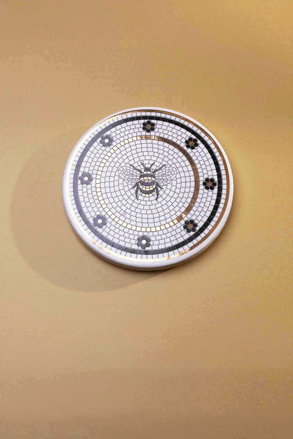 G Decor British Pub Bee Handcrafted Mosaic Coaster Black White & Gold Tile Art White
