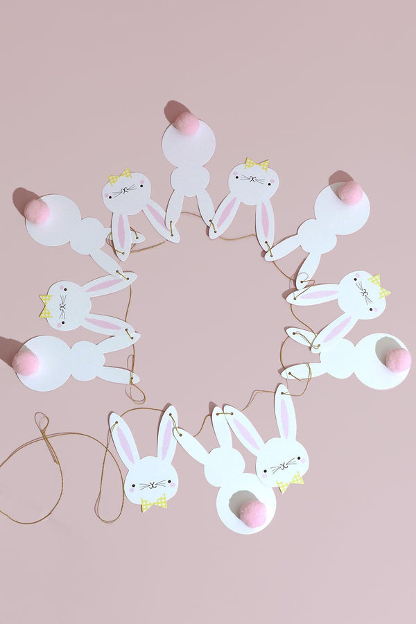 G Decor Bunny Bunting With White Rabbit Faces And Silhouettes With Pom Pom Tails