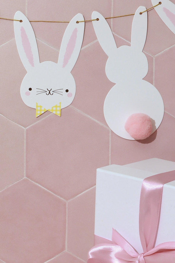 G Decor Bunny Bunting With White Rabbit Faces And Silhouettes With Pom Pom Tails