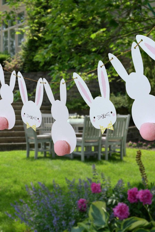 g decor Bunny Bunting with White Rabbit Faces and Silhouettes with Pom Pom Tails