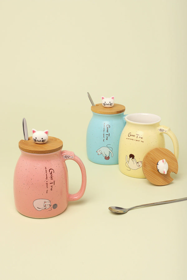g decor Cat Mugs Cute Ceramic Coffee Tea Cup With Lid And Spoon Pink
