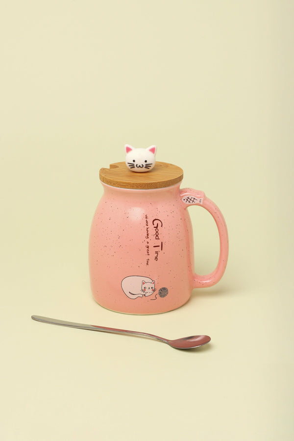 G Decor Cat Mugs Cute Ceramic Coffee Tea Cup With Lid And Spoon Pink