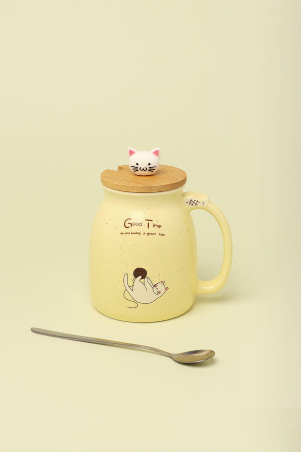 G Decor Cat Mugs Cute Ceramic Coffee Tea Cup With Lid And Spoon Pink
