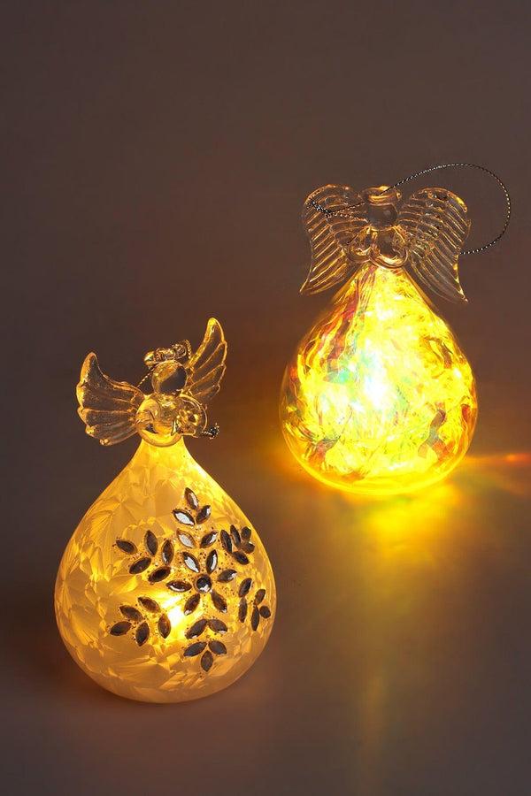 G Decor Celestia Glass Light-Up Angel Ornament Snowflake Frost & Frosted Pearl Designs White