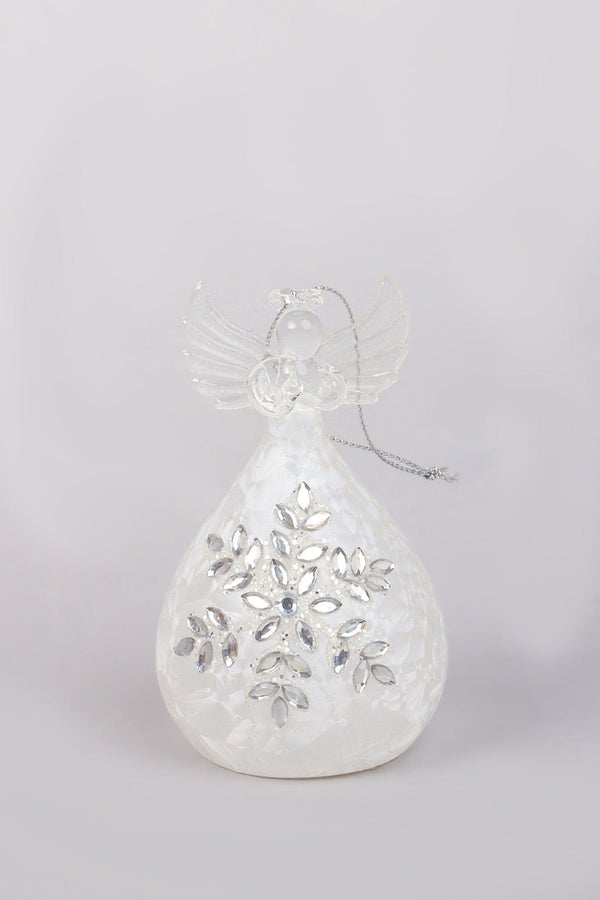 G Decor Celestia Glass Light-Up Angel Ornament Snowflake Frost & Frosted Pearl Designs White