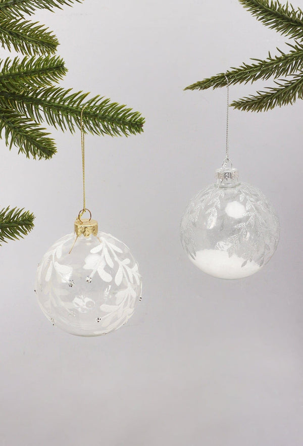 g decor Clear Frosted Leaf Snow Garden Hand-Finished Glass Baubles White & Silver Christmas Tree Decorations White