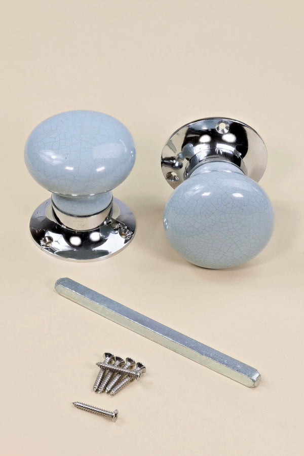 G Decor Crackle Glaze Handcrafted Soft Grey Ceramic Mortice Door Handles Set – Internal Turning Knobs With Chrome Base For Bedroom & Interior Doors Grey