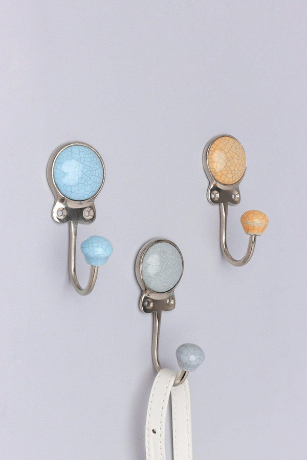 g decor Crackle Glaze Handcrafted Wall Hook Craquelure Earth Tones Ceramic & Chrome Detail Yellow