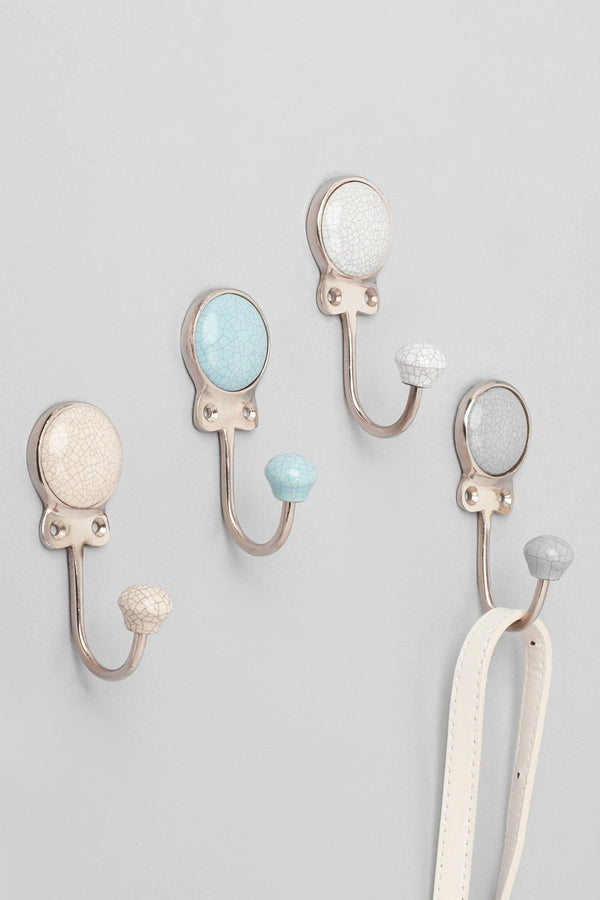 g decor Crackle Glaze Handcrafted Wall Hook Craquelure Mineral Tones Ceramic & Chrome Detail