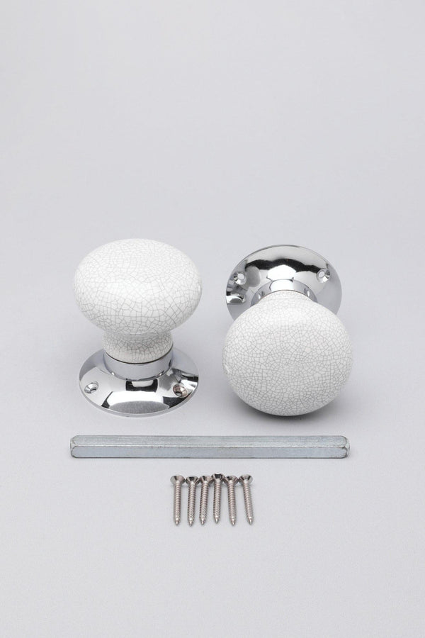 G Decor Crackle Glaze Handcrafted White Ceramic Mortice Door Handles Set – Internal Turning Knobs With Chrome Base For Bedroom & Interior Doors White