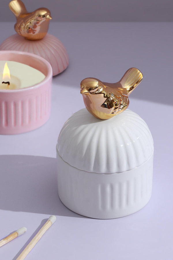 G Decor Cute Bird Jasmine Or Green Tea Scented Candle Soya Wax In Ceramic Jewellery Pot White