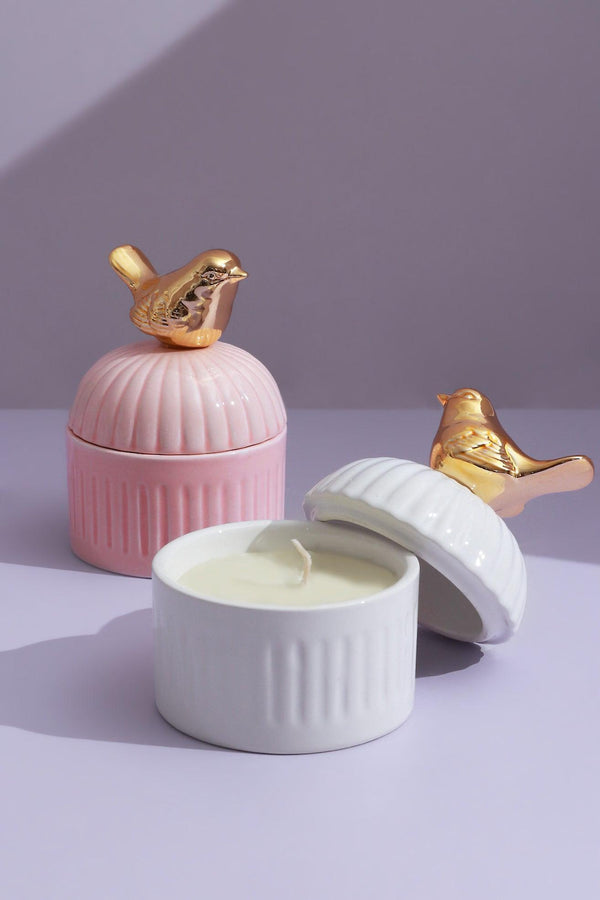G Decor Cute Bird Jasmine Or Green Tea Scented Candle Soya Wax In Ceramic Jewellery Pot White
