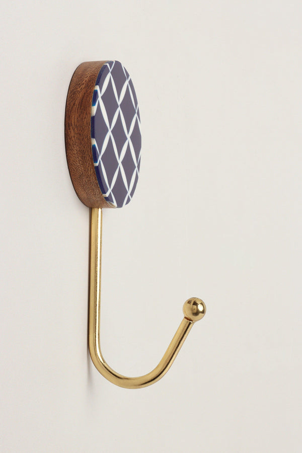 G Decor Dizzy Mosaic Grid Pattern Delights Wall Hooks Large Wood Resin & Brass Coat Hangers Blue