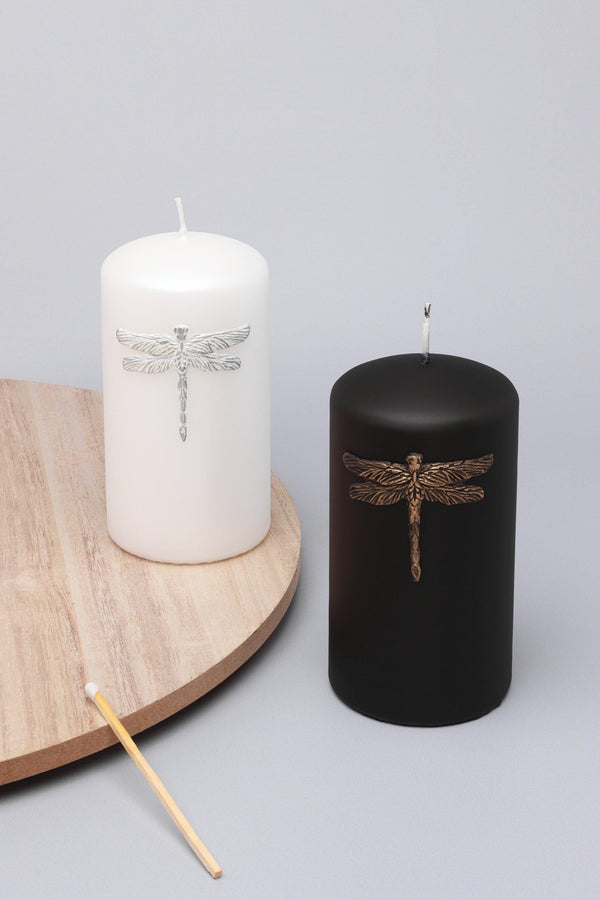 g decor Dragonfly King & Queen Pillar Candle Choice of Black with Gold or White with Silver Accent