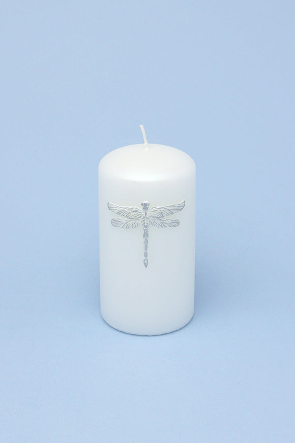 G Decor Dragonfly Queen White Pillar Candle Elegant Display With Silver Emblem Small