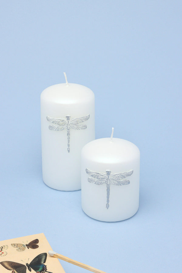 g decor Dragonfly Queen White Pillar Candle Elegant Display with Silver Emblem Small