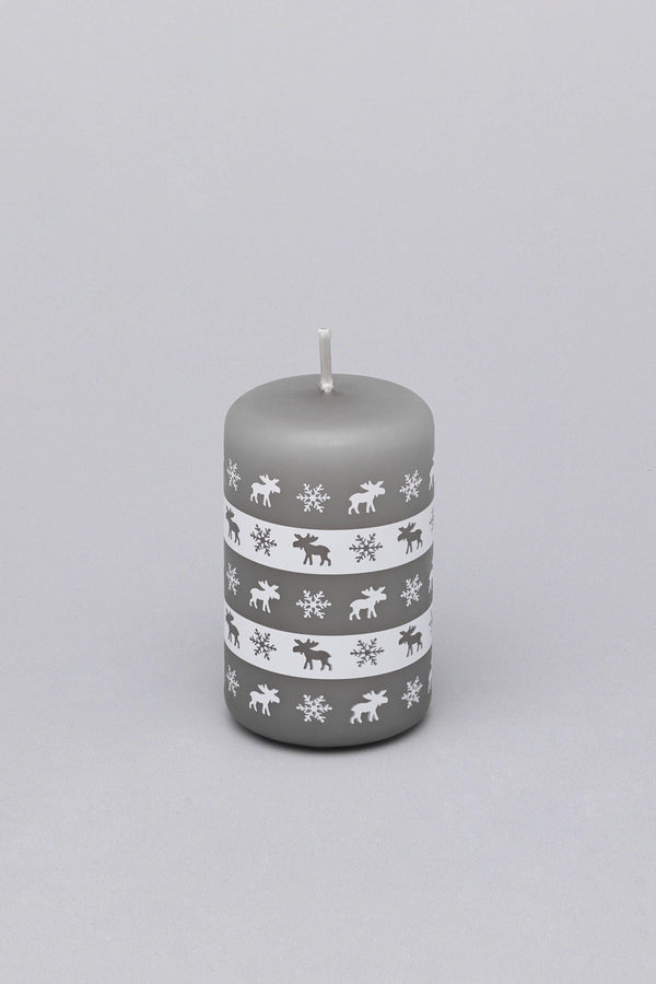 G Decor Elk Snowflake Grey White Christmas Pillar Candle