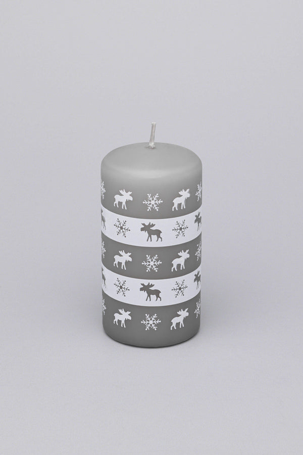G Decor Elk Snowflake Grey White Christmas Pillar Candle