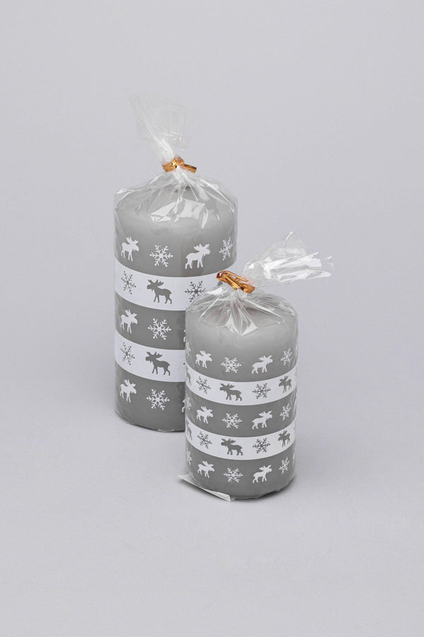 G Decor Elk Snowflake Grey White Christmas Pillar Candle