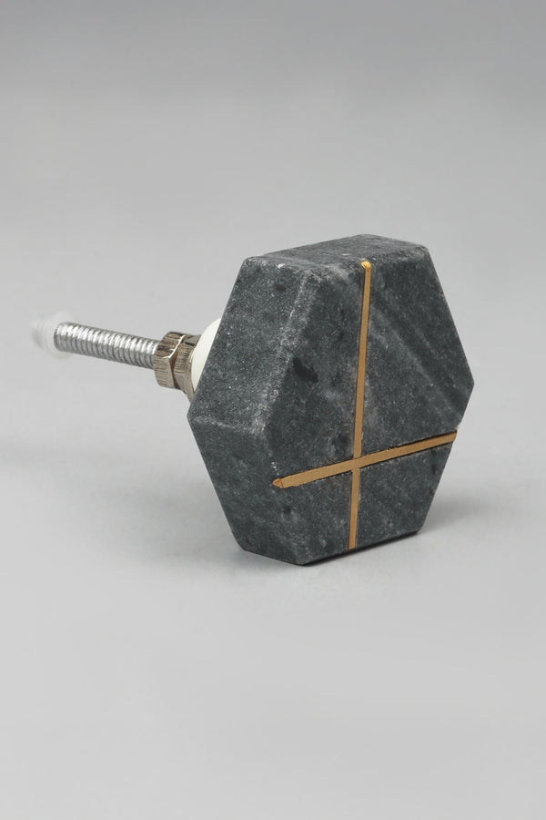 G Decor Estella Grey Marble Handcrafted Brass Door Knob Grey And White