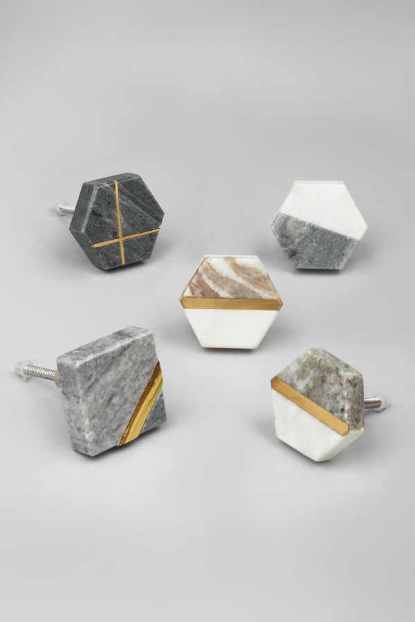 g decor Estella Grey Marble Handcrafted Brass Door Knob Grey and White