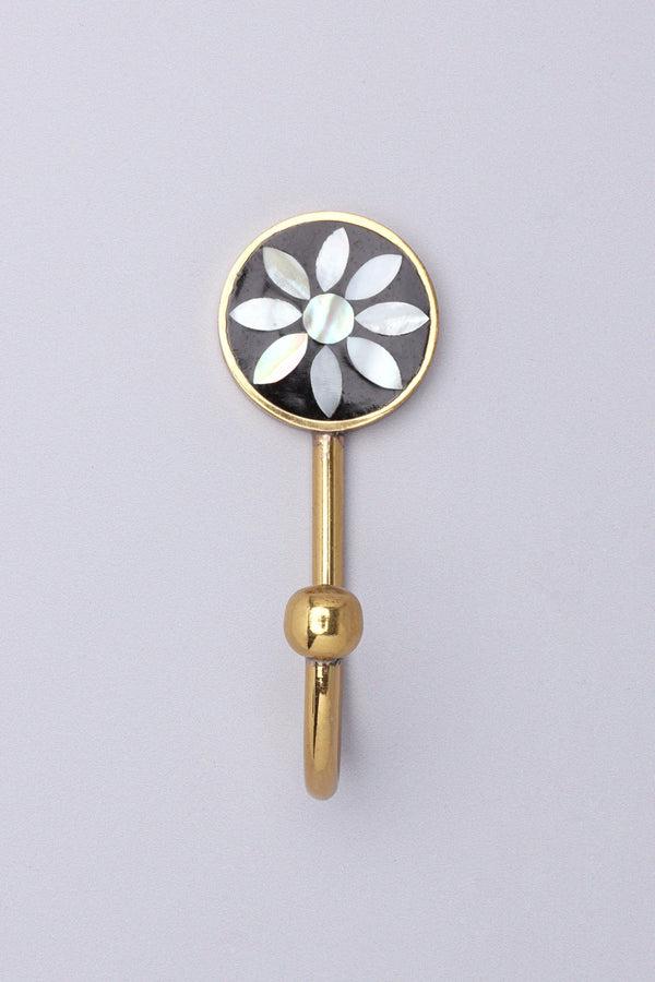 G Decor Étoile Bloom Mother Of Pearl Handcrafted Wall Hook Black & Gold Brass Hanger Sharp Edge Flower